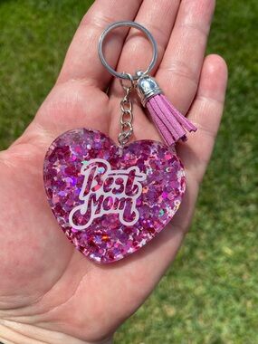 Best Mom Pink Glitter Heart Keychain with Tassel